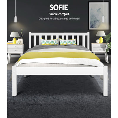 Whitehaven Wooden Double Bed Frame White with slatted headboard, styled with yellow and gray bedding in modern bedroom setting