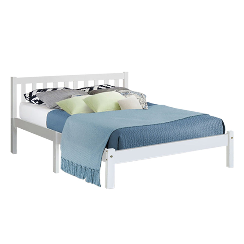 Whitehaven Wooden Double Bed Frame White with slatted headboard, solid pine wood, styled with pillows and blue throw blanket