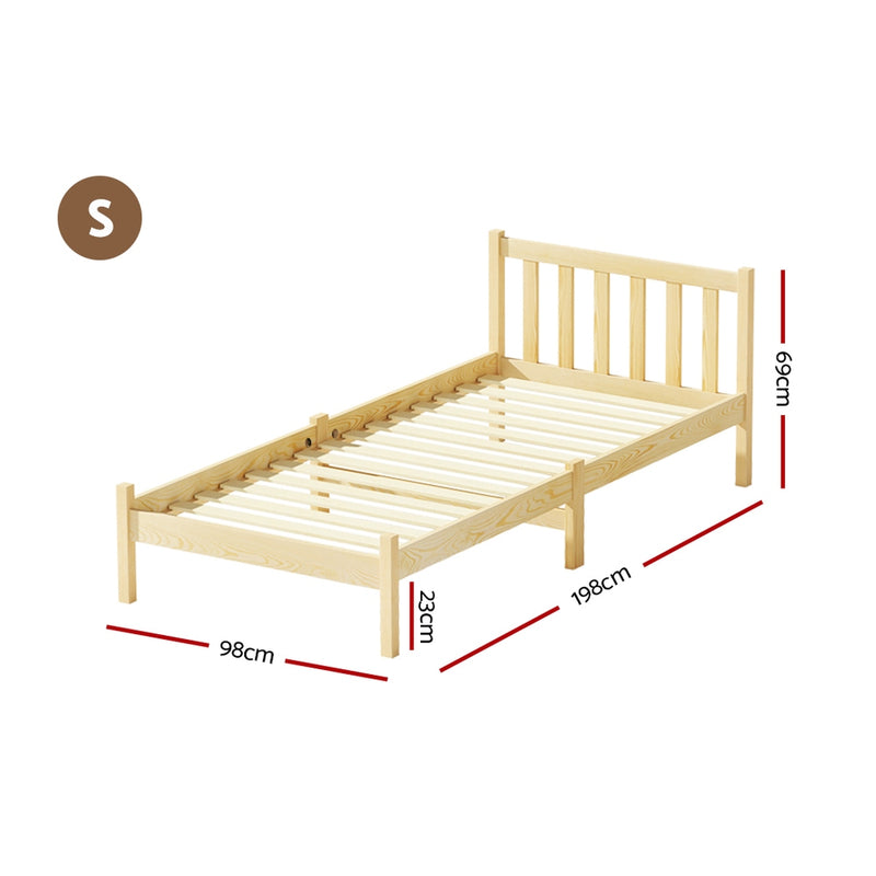 Bribie Wooden Single Bed Frame in natural finish with slatted base and simple vertical headboard design showing dimensions