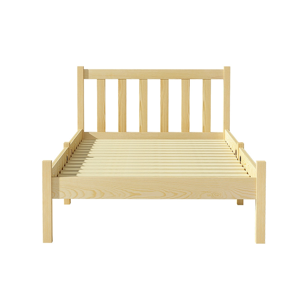 Bribie Wooden Single Bed Frame with natural matte finish, slatted headboard, and sturdy wooden slats for bedroom furniture
