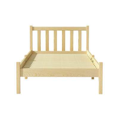 Bribie Wooden Single Bed Frame with natural matte finish, slatted headboard, and sturdy wooden slats for bedroom furniture