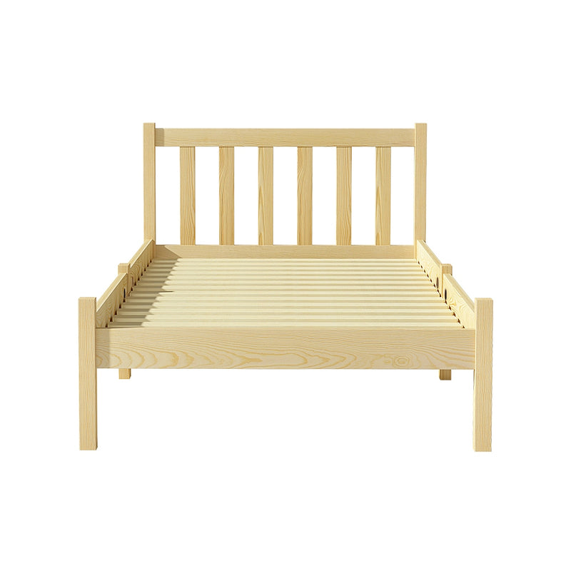 Bribie Wooden Single Bed Frame with natural matte finish, slatted headboard, and sturdy wooden slats for bedroom furniture