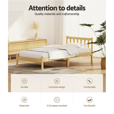 Bribie Wooden Single Bed Frame in natural wood finish with slatted headboard, minimalist design in a bright bedroom setting