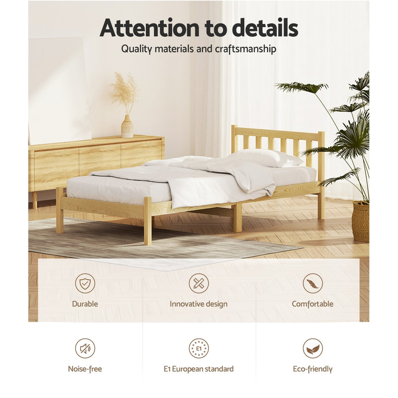 Bribie Wooden Single Bed Frame in natural wood finish with slatted headboard, minimalist design in a bright bedroom setting