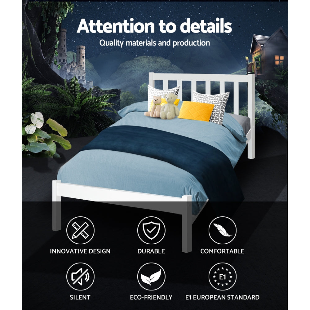 Whitehaven Wooden Single Bed Frame White with slatted headboard and footboard, styled with bedding and cushions on dark backdrop