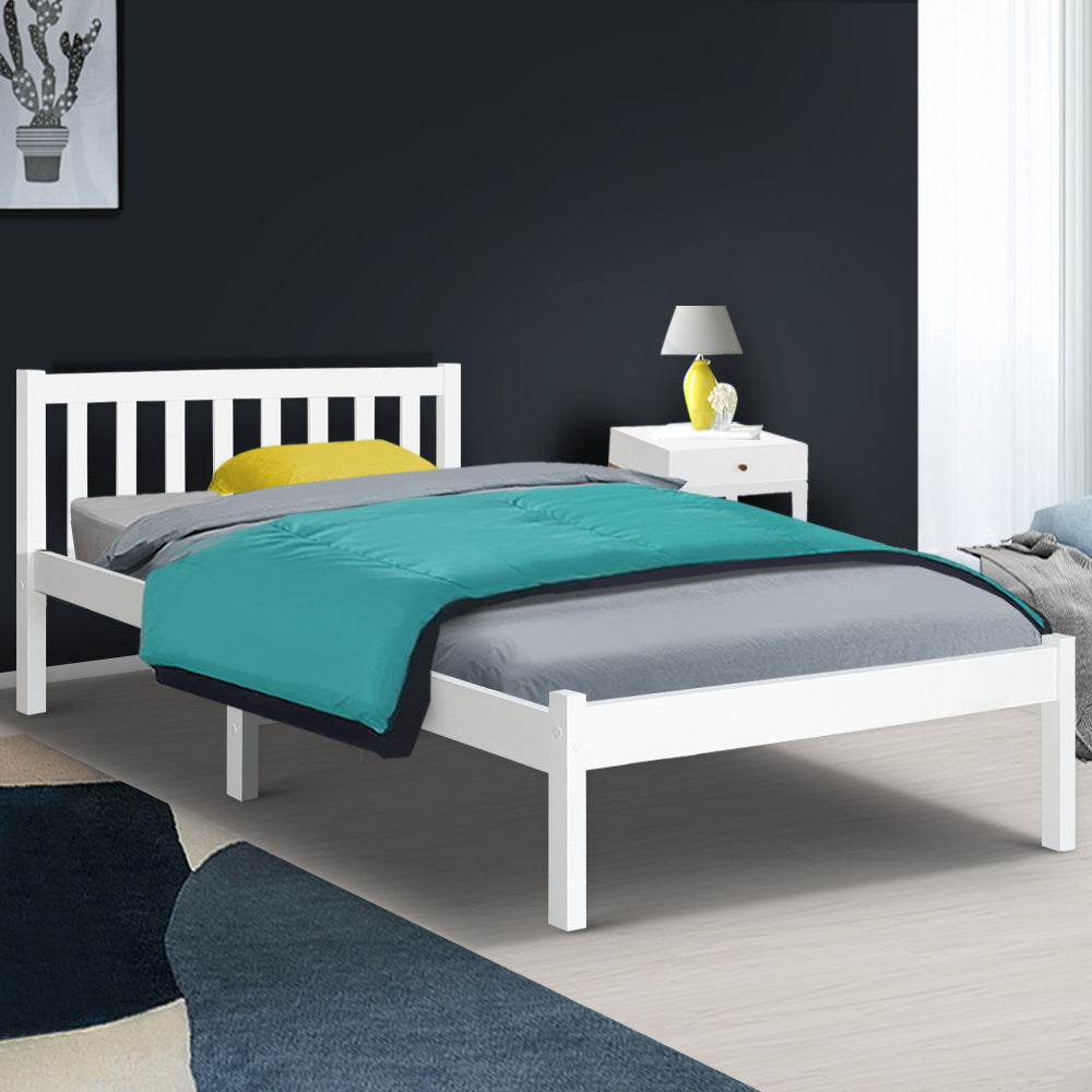 Whitehaven Wooden Single Bed Frame White with slatted headboard, solid pine construction, shown in a modern bedroom setting