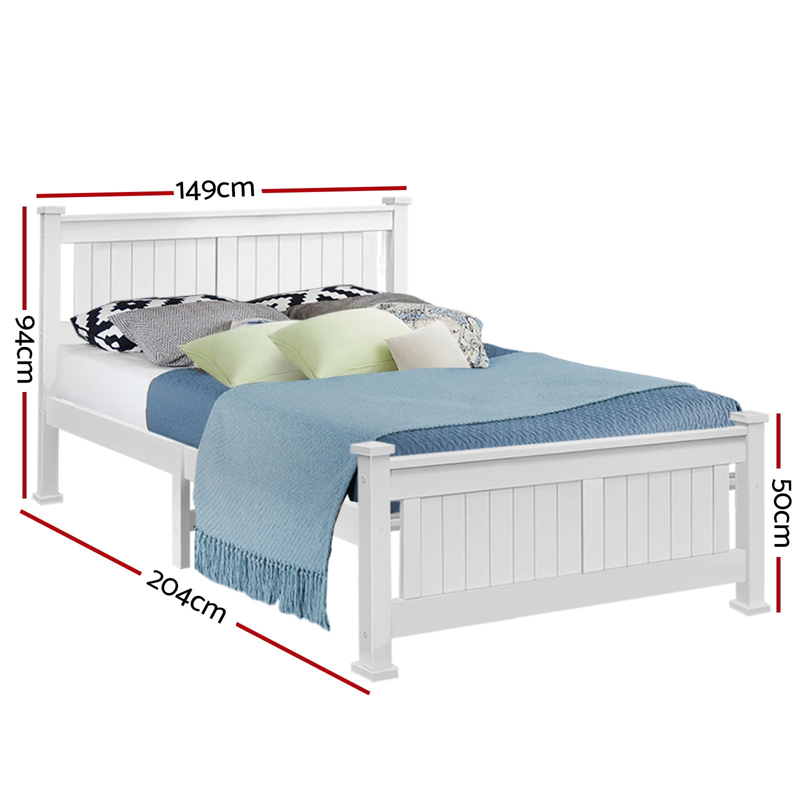Airlie Wooden Double Bed Frame White with paneled head and footboard in solid pine, shown with bedding and dimensions