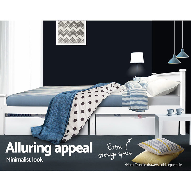 Airlie Wooden Double Bed Frame White with minimalist design, extra under-bed storage space, and clean white finish