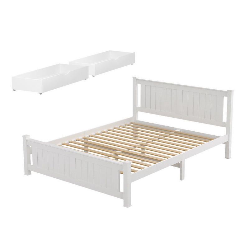 Cottesloe Wooden Double Bed with Two Storage Drawers - White solid pine frame with slatted base and removable drawers shown separately
