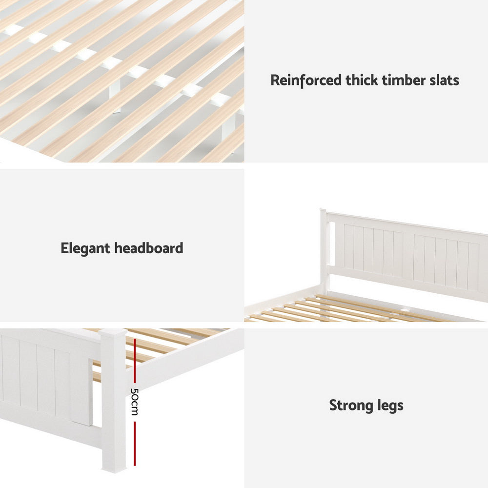 Cottesloe Wooden Double Bed with Two Storage Drawers - White featuring reinforced timber slats, elegant headboard, and strong legs