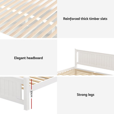 Cottesloe Wooden Double Bed with Two Storage Drawers - White featuring reinforced timber slats, elegant headboard, and strong legs