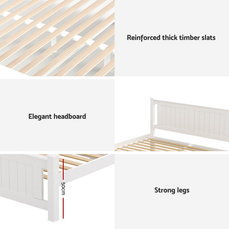 Cottesloe Wooden Double Bed with Two Storage Drawers - White featuring reinforced timber slats, elegant headboard, and strong legs