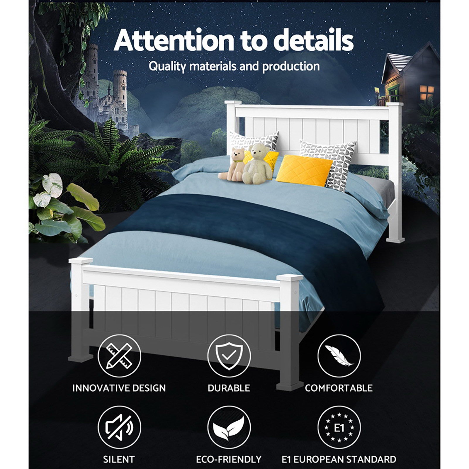 Cottesloe Wooden King Single Bed White with solid pine frame, white finish, and styled with blue bedding and pillows