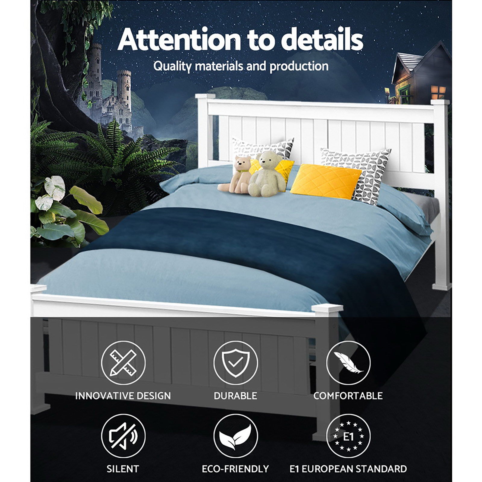 Cottesloe Wooden Queen Bed White with solid pine frame, modern panel headboard, styled with pillows and plush toys