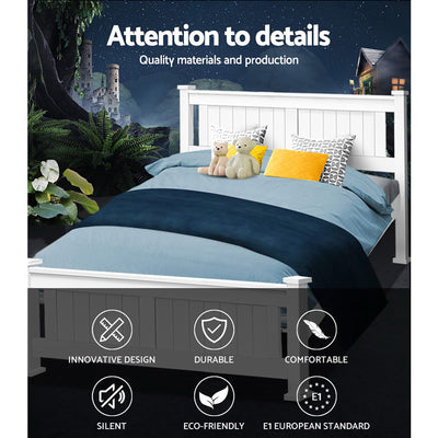 Cottesloe Wooden Queen Bed White with solid pine frame, modern panel headboard, styled with pillows and plush toys