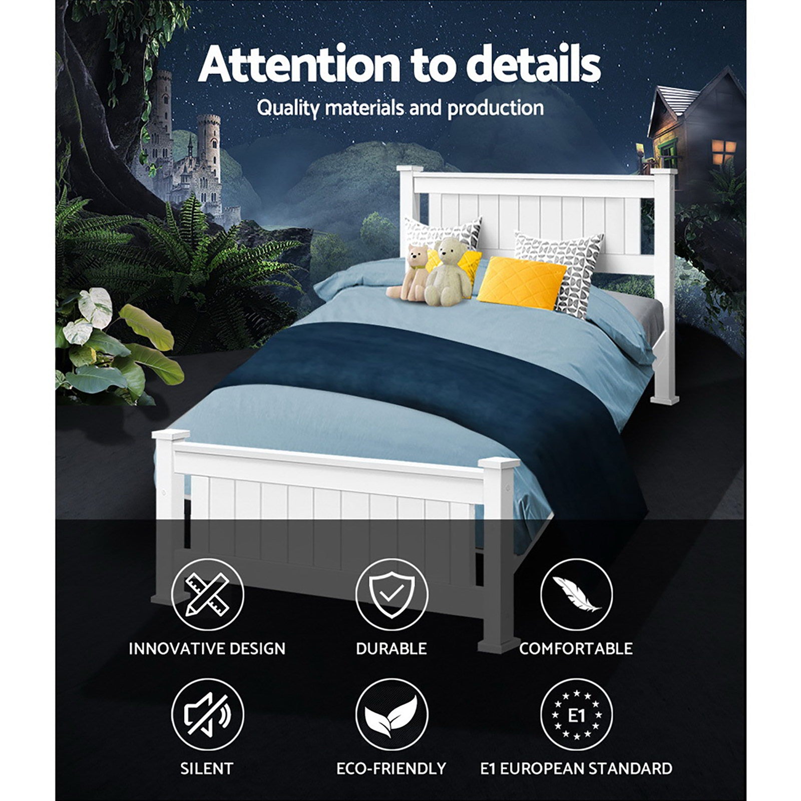 Cottesloe Wooden Single Bed White with paneled headboard and footboard, styled with blue bedding and cushions.