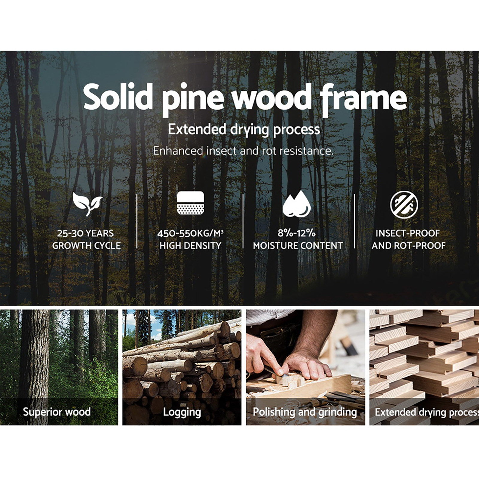 Infographic showcasing solid pine wood frame features for Cottesloe Wooden Single Bed White with drying, density, and insect resistance details
