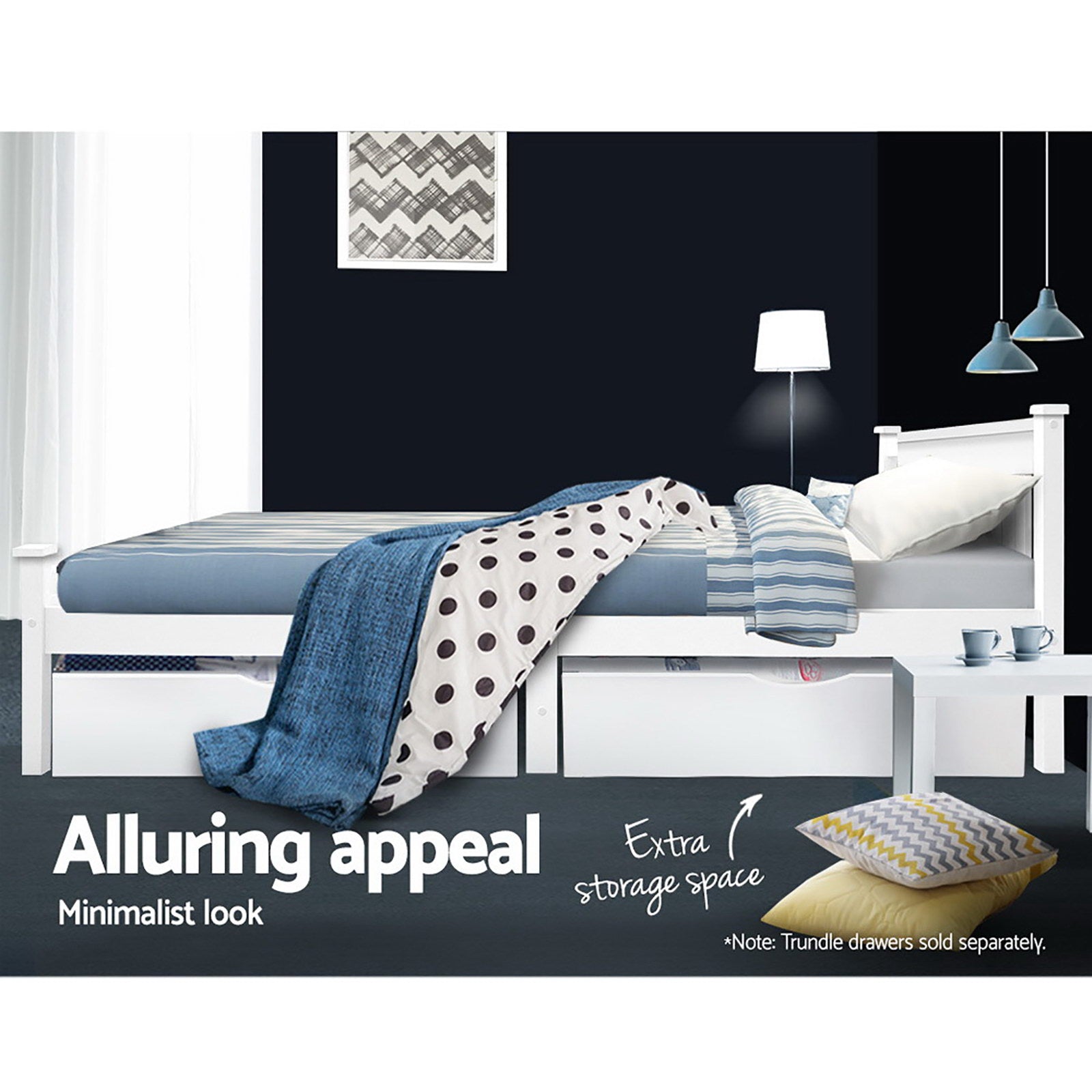 Cottesloe Wooden Single Bed White with storage drawers, minimalist design, solid pine wood, modern bedroom furniture.