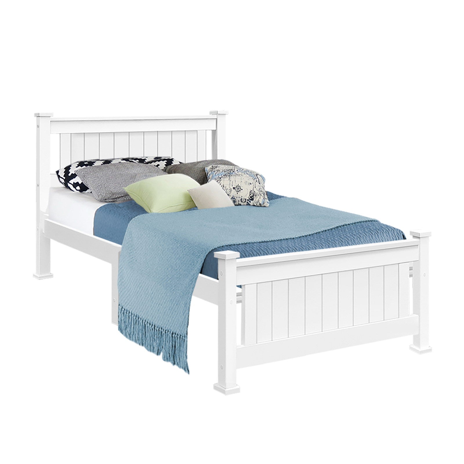 Cottesloe Wooden Single Bed White with paneled headboard and footboard, styled with pillows and blue throw blanket