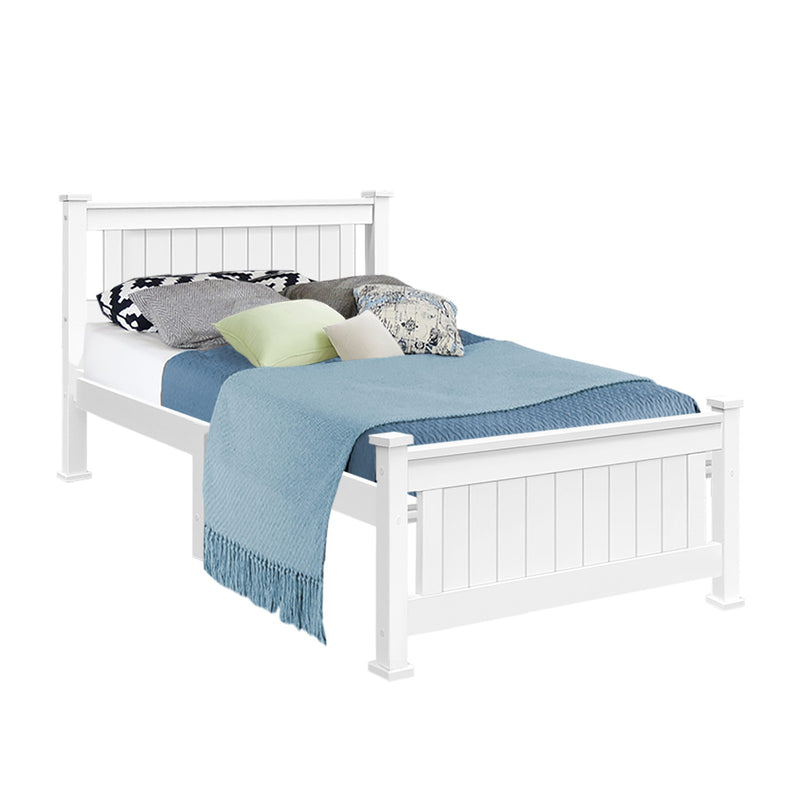 Cottesloe Wooden Single Bed White with paneled headboard and footboard, styled with pillows and blue throw blanket