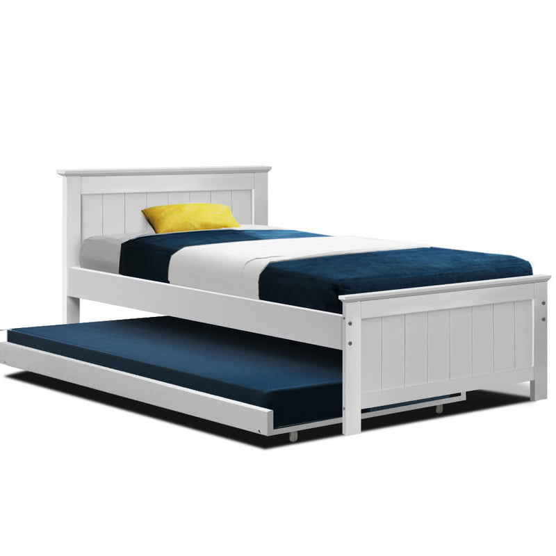 Kids Elvis Wooden King Single Trundle Bed Frame White with navy blue bedding and yellow pillow, indoor bedroom furniture by Bedzy