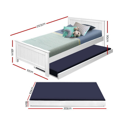 Kids Elvis Wooden King Single Trundle Bed Frame White with pull-out trundle and mattress, shown with bedding and measurements