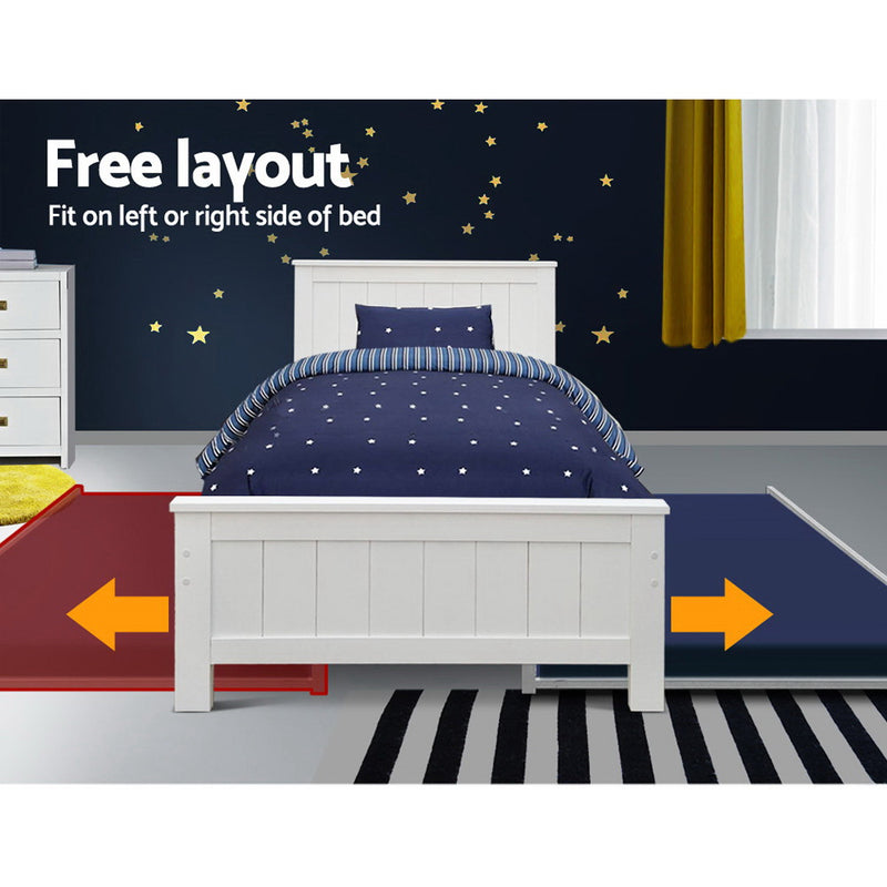 Kids Elvis Wooden King Single Trundle Bed Frame White in a bedroom with navy star wall decal and striped rug