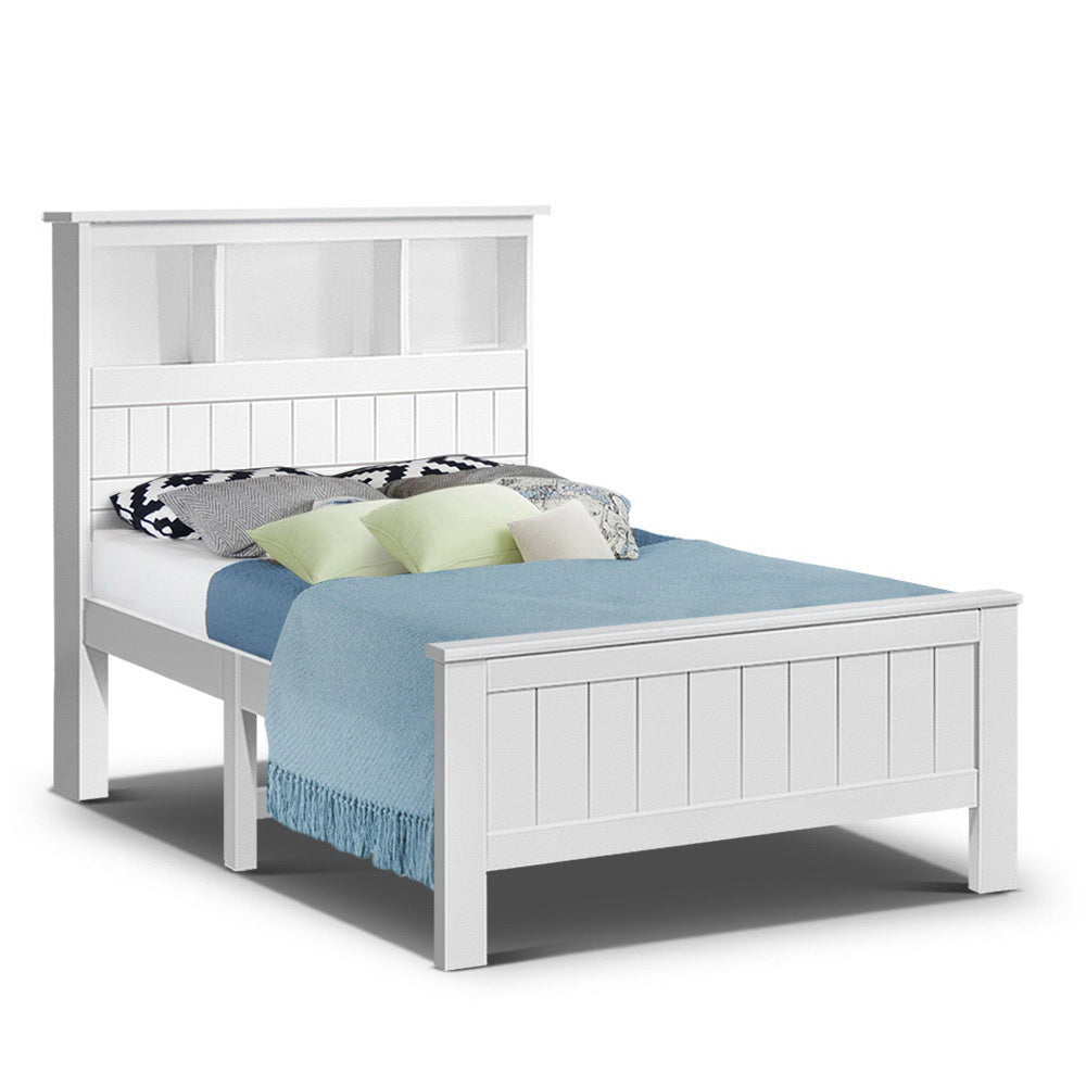 Kids Conqueror Wooden King Single Bed Frame with Shelving White