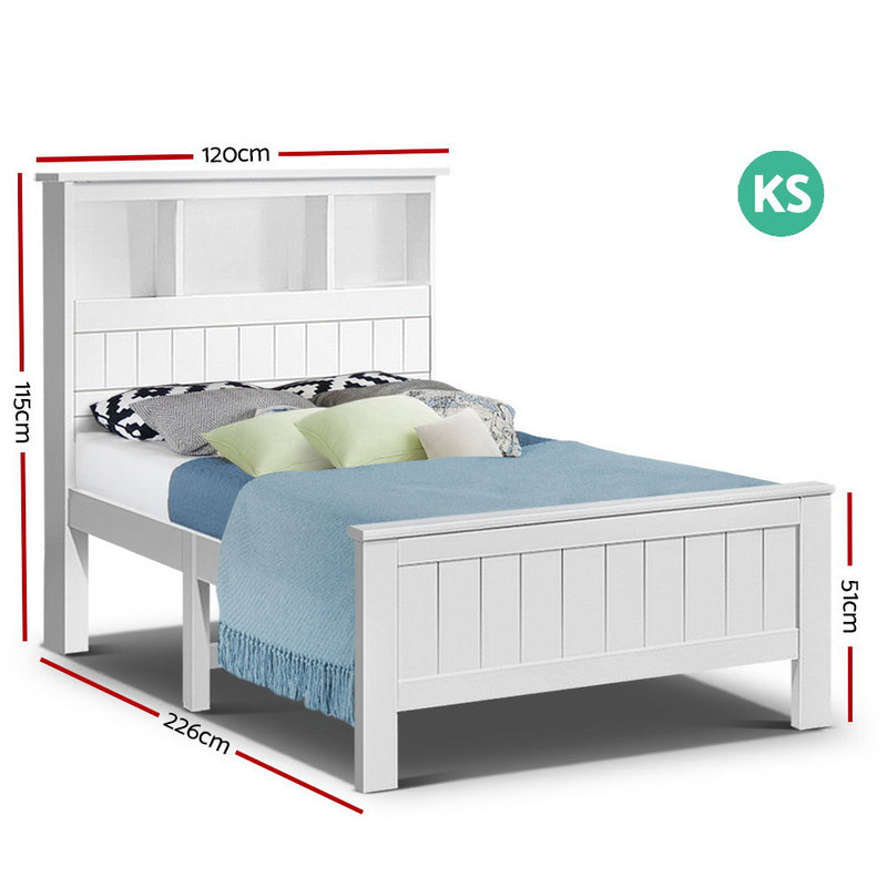 Kids Conqueror Wooden King Single Bed Frame with Shelving White, natural pine wood and solid plywood base in bedroom setting