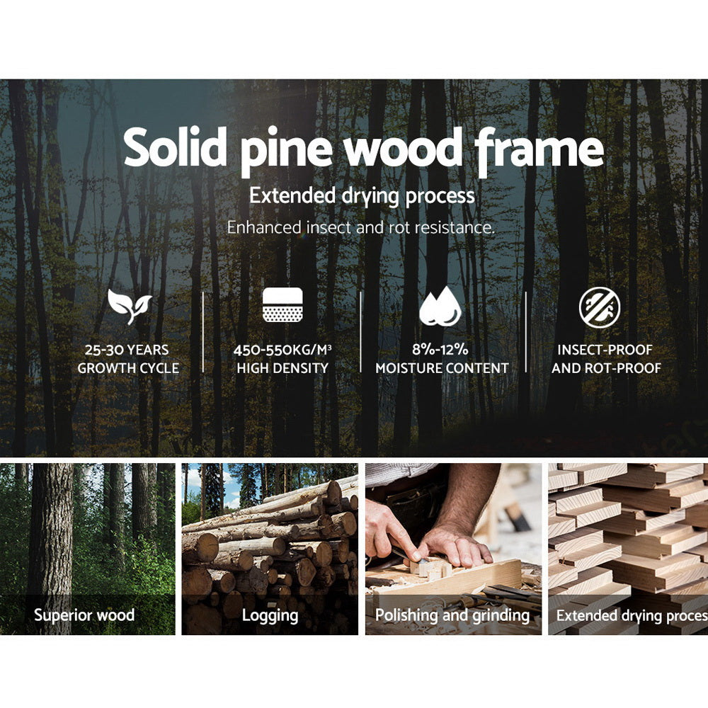 Infographic highlighting solid pine wood features for Kids Conqueror Wooden King Single Bed Frame with Shelving White.