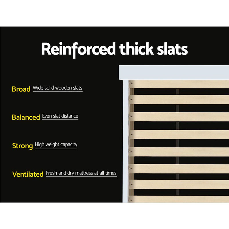 Reinforced wooden slats of Kids Conqueror Wooden King Single Bed Frame with Shelving White for strong, balanced, ventilated mattress support