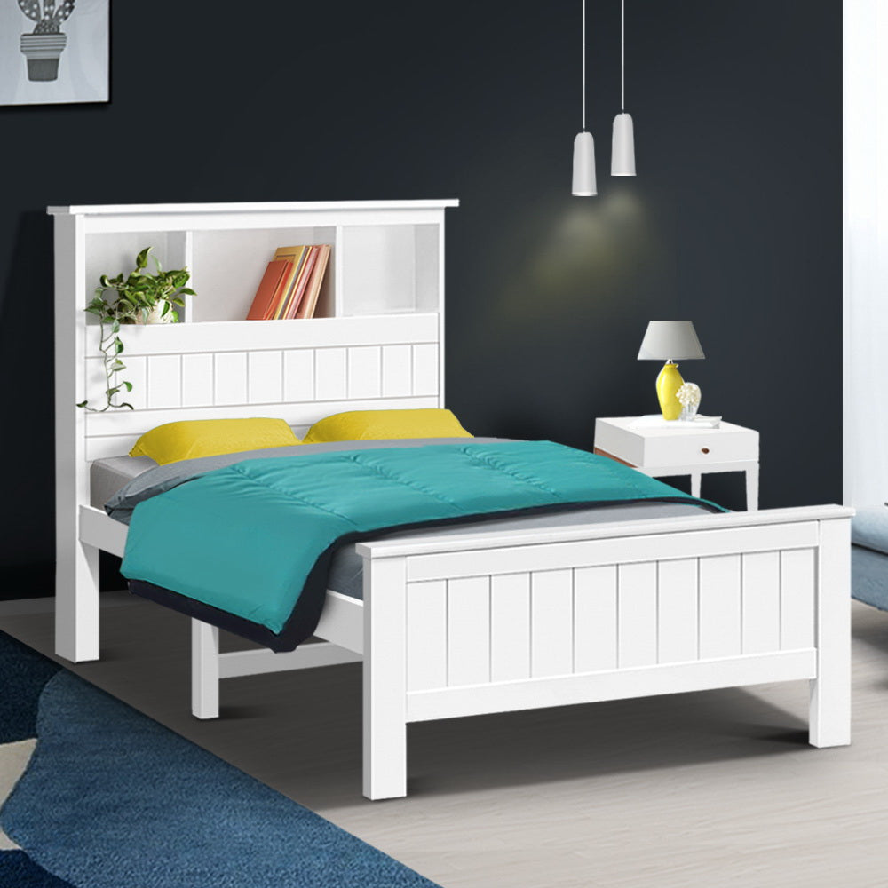 Kids Conqueror Wooden King Single Bed Frame with Shelving White made of pine wood, shown with bedding in modern bedroom setup