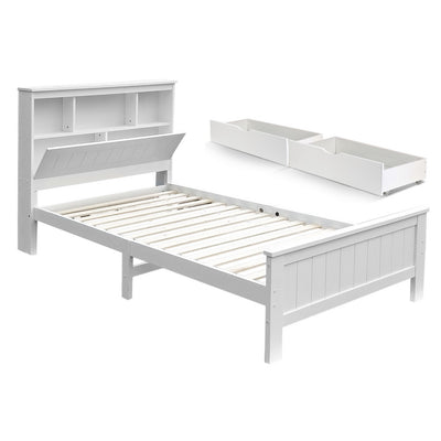 Conqueror King Single Bed Frame with Storage Drawers – White pine wood frame with slatted base and two pull-out drawers and headboard shelves