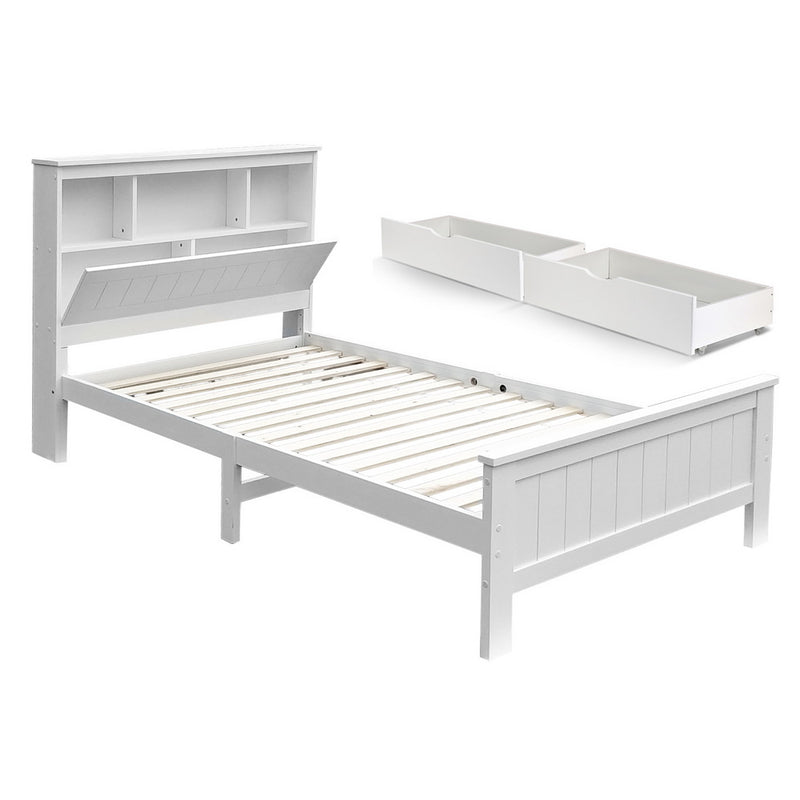 Conqueror King Single Bed Frame with Storage Drawers – White pine wood frame with slatted base and two pull-out drawers and headboard shelves