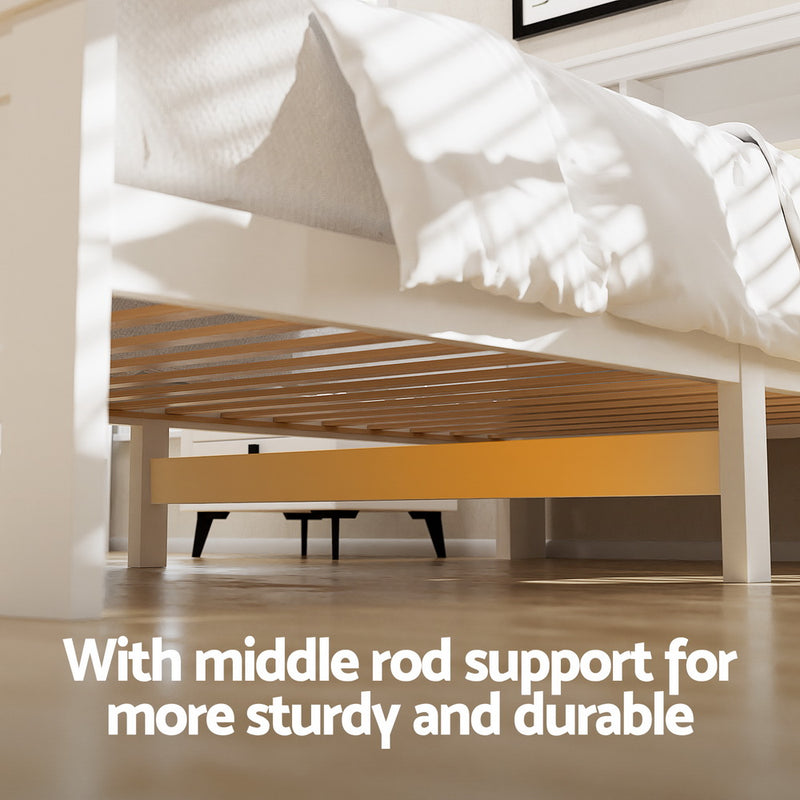 Conqueror King Single Bed Frame with Storage Drawers – White, featuring solid pine wood and middle rod support for durability.