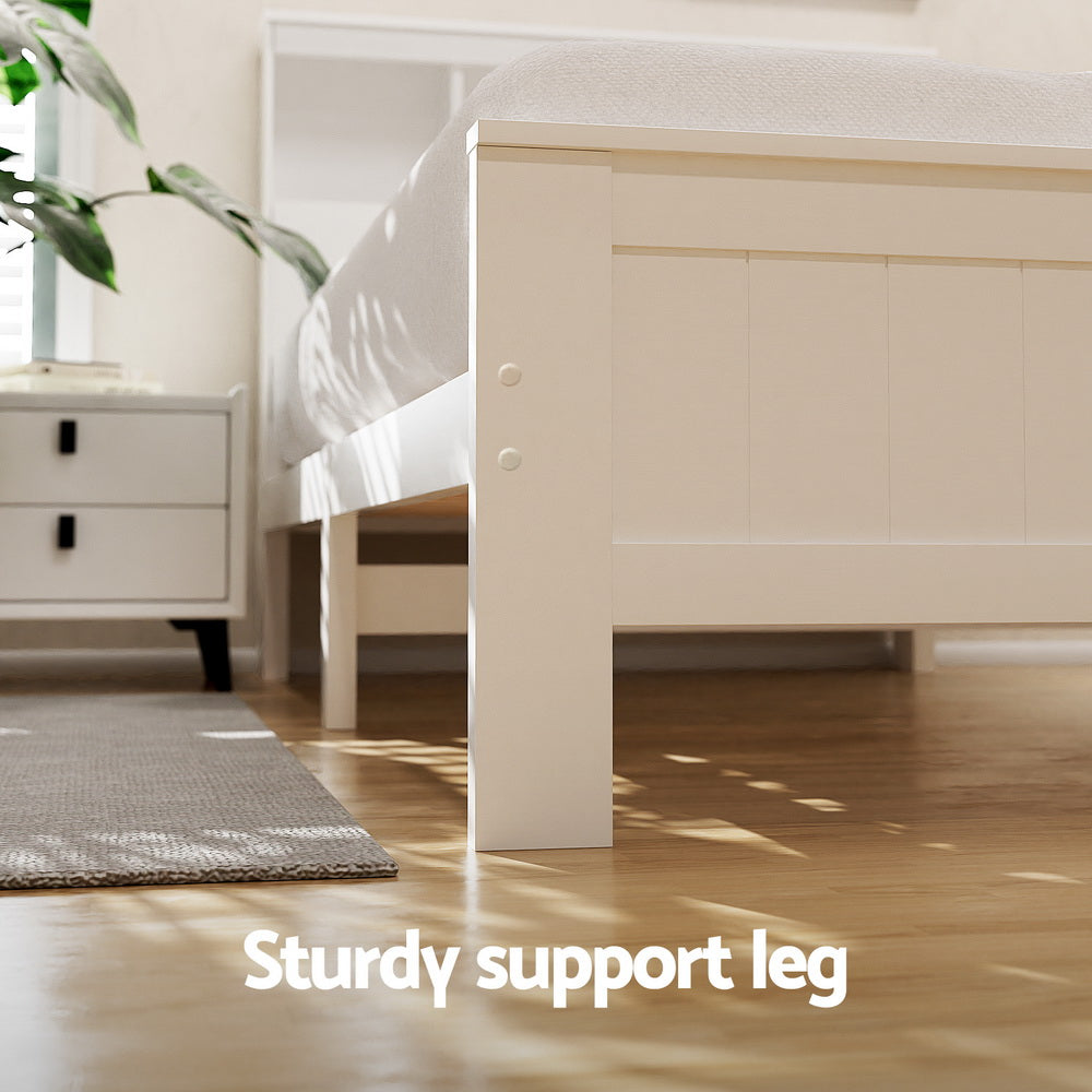 Conqueror King Single Bed Frame with Storage Drawers – White solid pine frame with sturdy support leg in bright bedroom setting