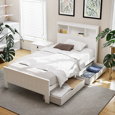 Conqueror King Single Bed Frame with Storage Drawers – White, solid pine wood with built-in underbed drawers in bright bedroom setting