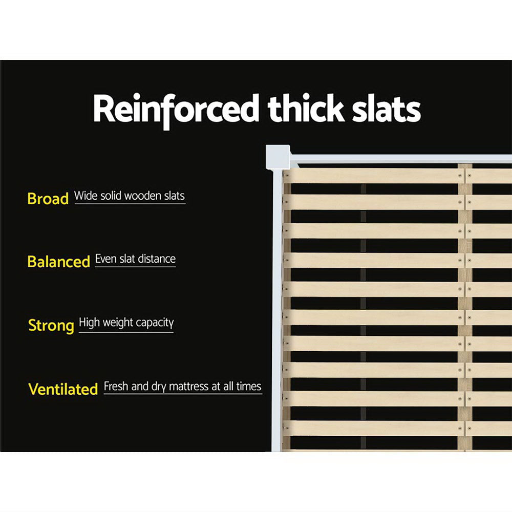 Kewarra Wooden Double Bed Frame White with reinforced thick wooden slats for balanced support and ventilation
