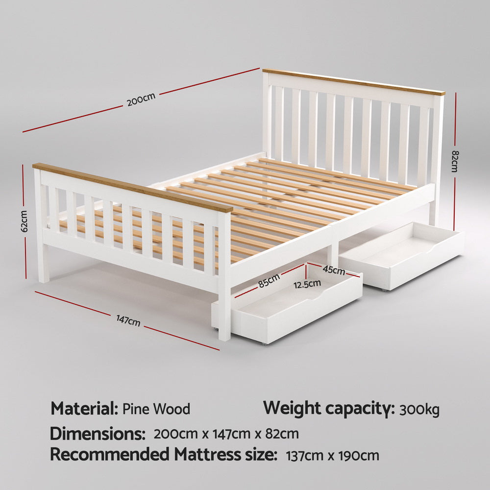 Sundale Double Bed Frame with Two Storage Drawers – White & Pine, solid pine wood, practical storage and modern design