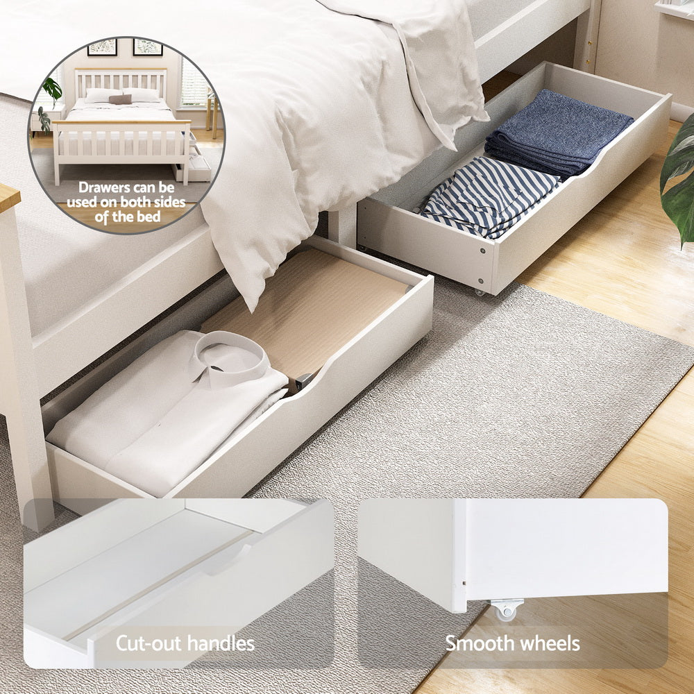 Sundale Double Bed Frame with Two Storage Drawers – White & Pine featuring under-bed drawers with cut-out handles and smooth wheels
