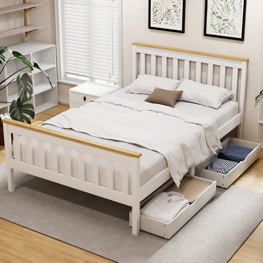 Sundale Double Bed Frame with Two Storage Drawers – White & Pine solid pine wood bed with built-in storage drawers