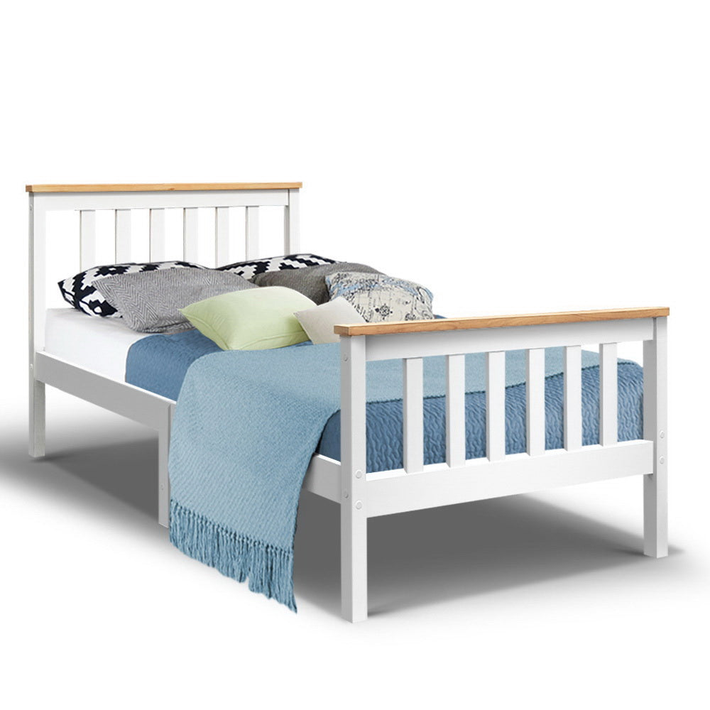 Kewarra Wooden Single Bed Frame White with solid pine construction, slatted headboard and footboard, styled with bedding and cushions