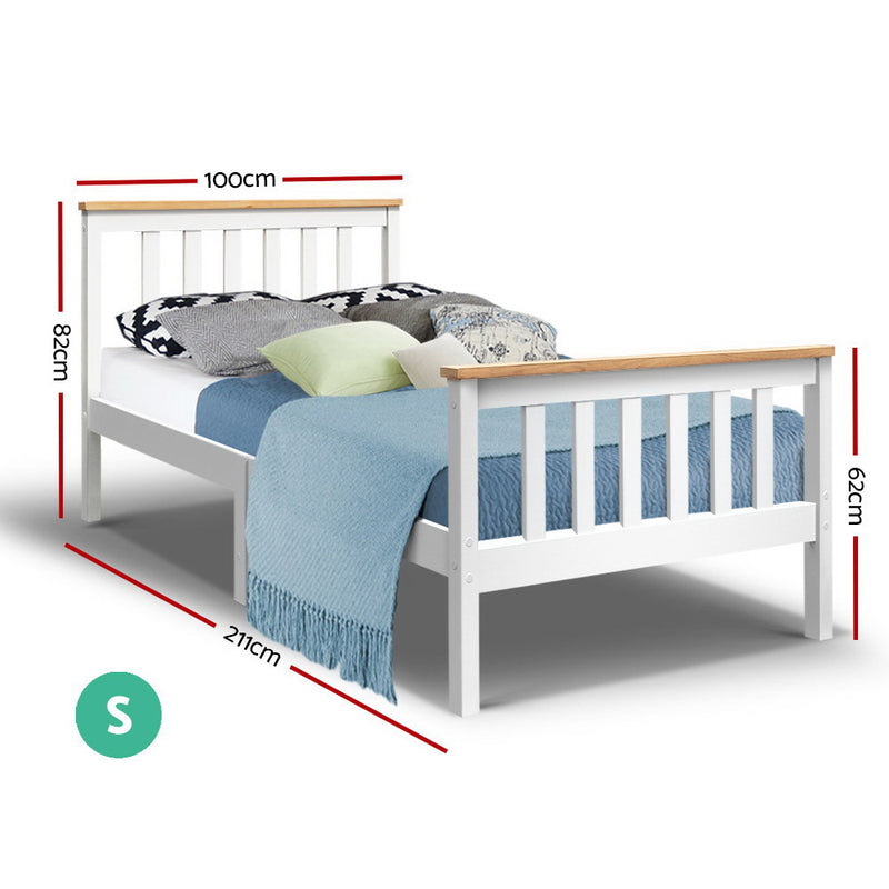 Kewarra Wooden Single Bed Frame White with natural wood accents, solid pine construction, and slatted headboard and footboard