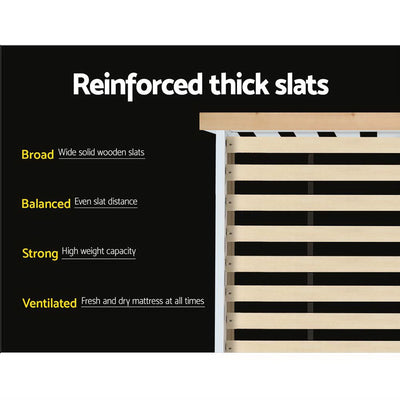 Close-up of reinforced thick wooden slats on Kewarra Wooden Single Bed Frame White showing strength and ventilation features