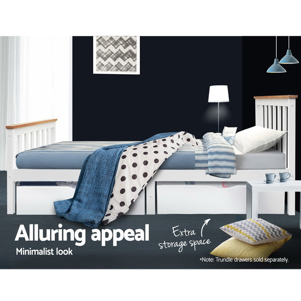 Kewarra Wooden Single Bed Frame White with minimalist design, slatted headboard, and under-bed storage drawers on gray background