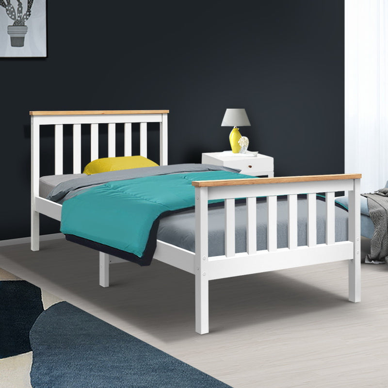 Kewarra Wooden Single Bed Frame White with slatted pine wood headboard and footboard in minimal bedroom setting