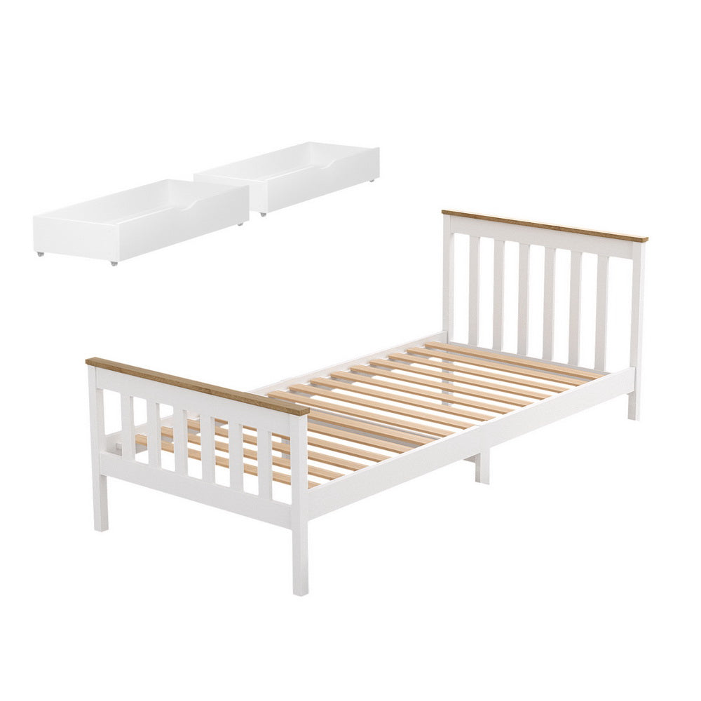 Sundale Single Bed Frame with Two Storage Drawers – White & Pine with wooden slats and clean two-tone design
