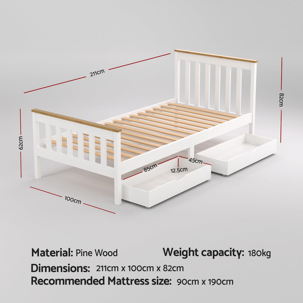 Sundale Single Bed Frame with Two Storage Drawers – White & Pine