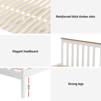 Sundale Single Bed Frame with Two Storage Drawers – White & Pine featuring timber slats, elegant headboard, and strong legs with storage drawers