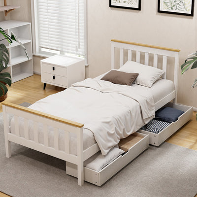 Sundale Single Bed Frame with Two Storage Drawers – White & Pine, featuring slatted headboard and footboard in bedroom setting